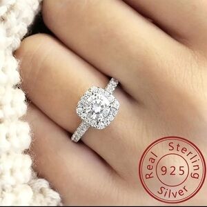 925 Sterling Silver Promise Ring Halo Square Design Inlaid Shining zirconia